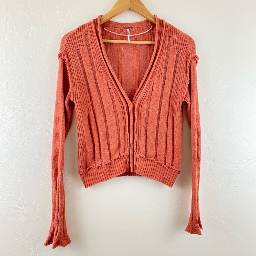Free People Size XS Burnt Orange Ribbed Knit Distressed Button-Down Cardigan Top